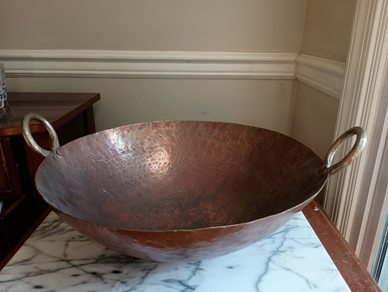 XL Hammered Copper Wok W/ Brass Handles, 17″ W/ Handles , 14″ Rim To Rim