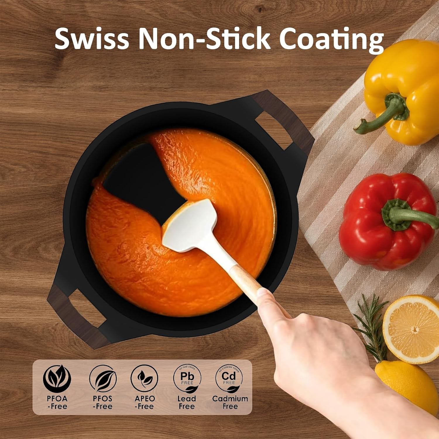 Nonstick Stock Pot, 6.5 Qt Soup Stock Pot with Strainer Lid, Induction Cooking