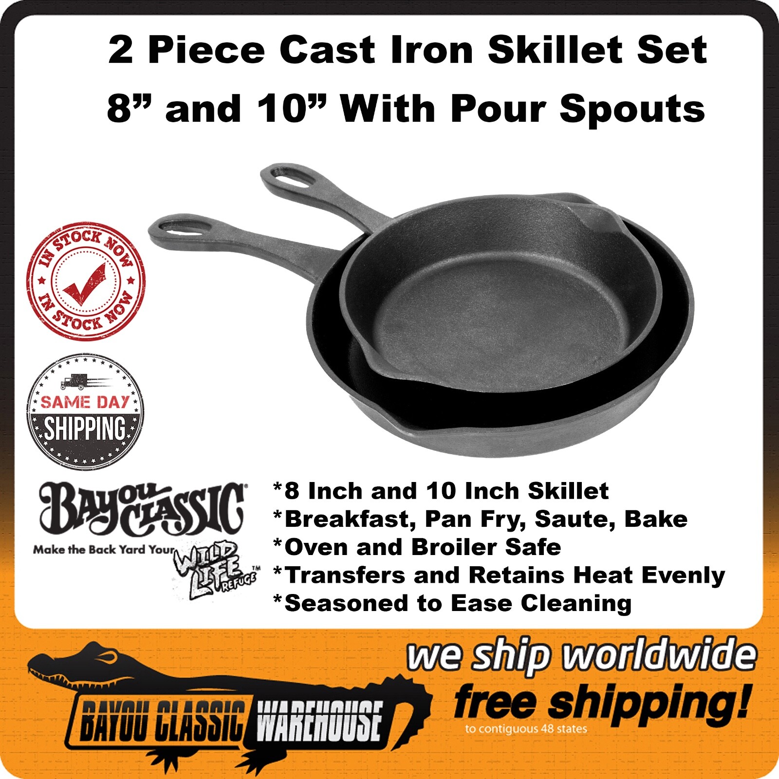 Cast Iron 2 Piece Skillet Set 8″ and 10″ With Pour Spouts Bayou Classic 7457