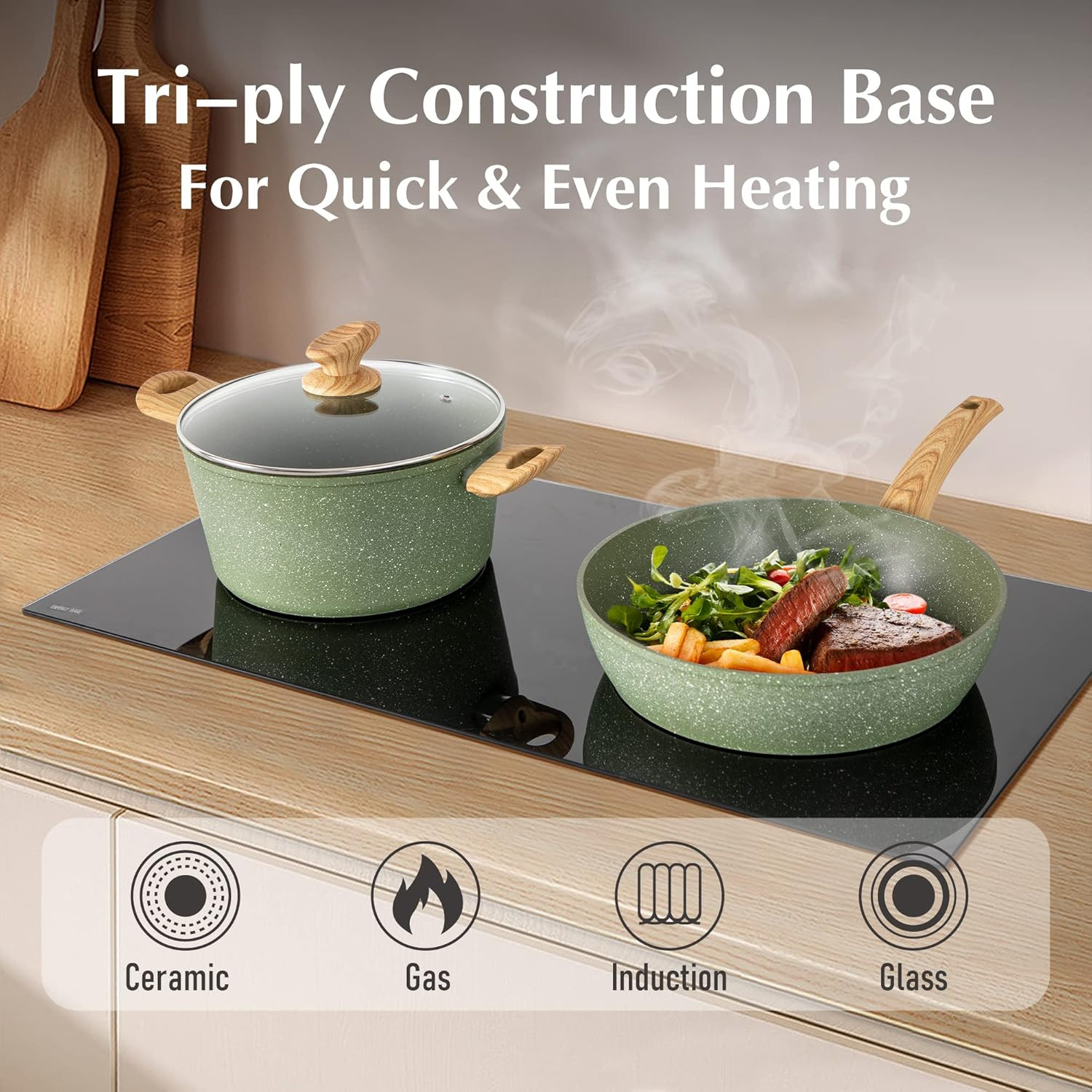 Pots and Pans Set Non Stick, 12 Piece Green Granite Kitchen Cookware Induction C