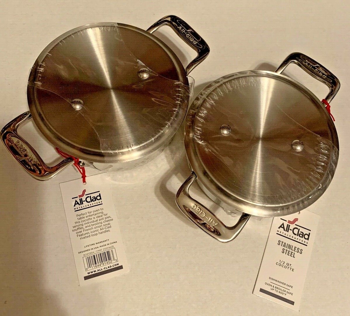 All-Clad Set of 2 Mini Cocottes w/ Lids 0.5 qt Stainless Steel New Sealed Tags