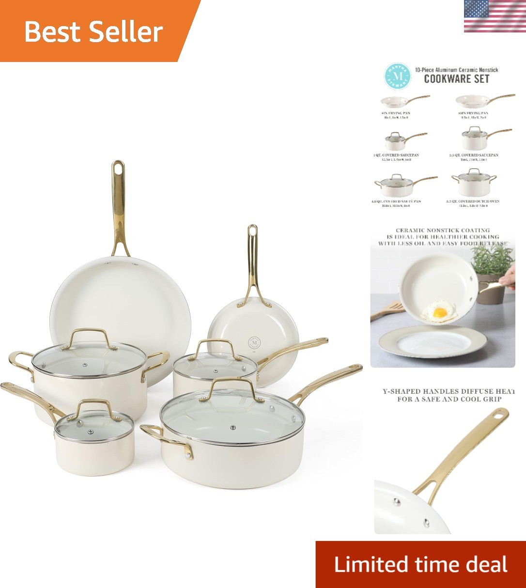 Cookware Set Ceramic Non Stick Pots Pans 10 Piece Heavy Gauge Aluminum