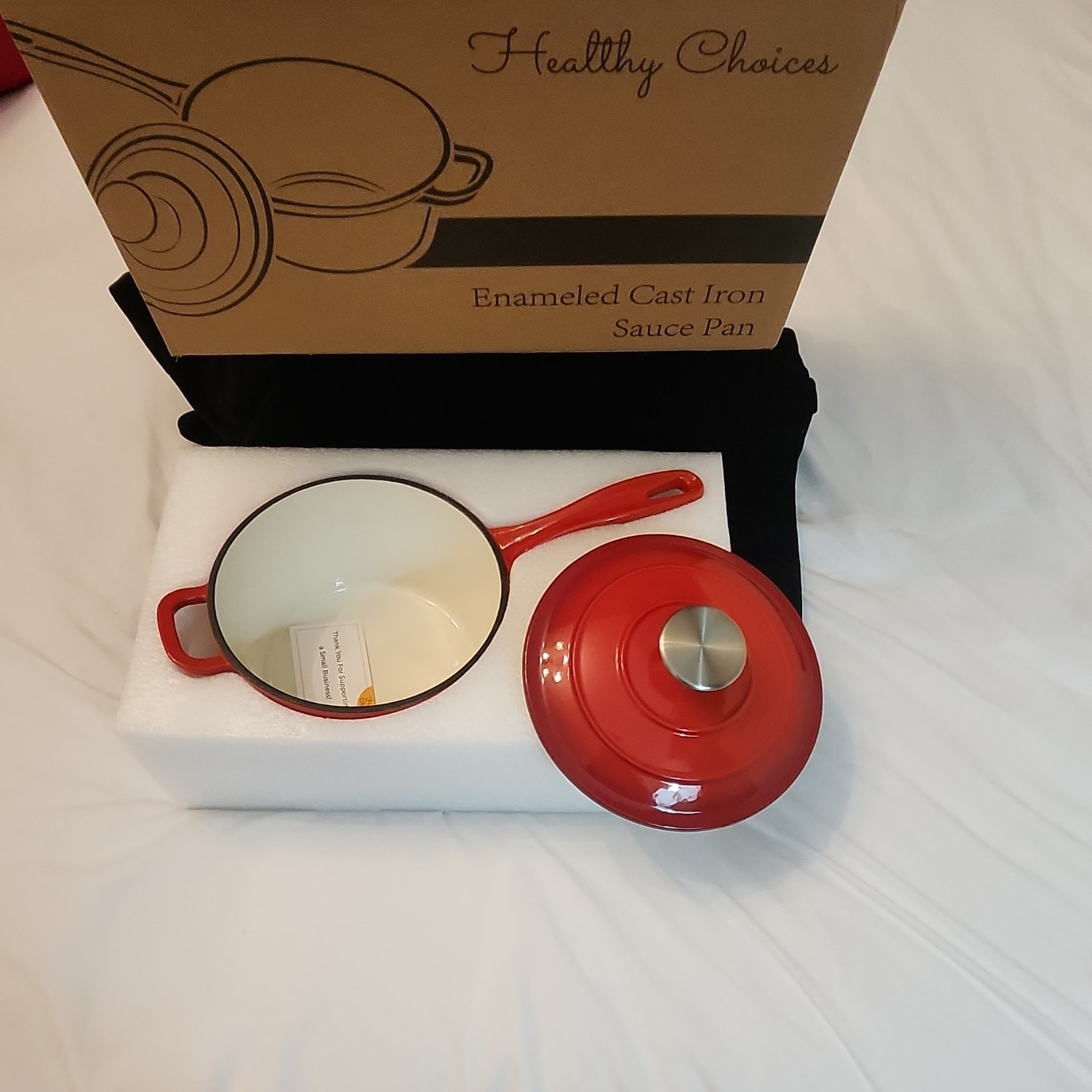 Cast Iron Red Saucepan with Lid, Double Handle
