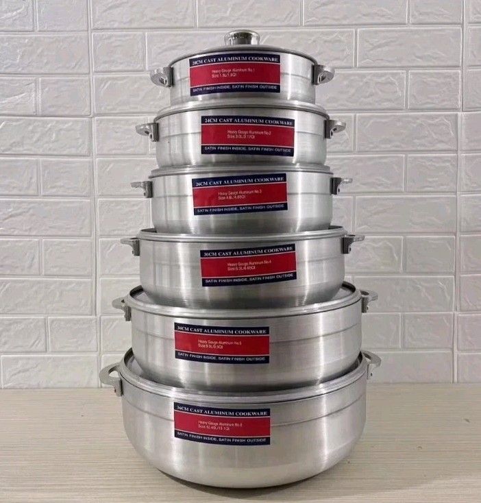 Six-Piece Aluminum Pan Set Satin Finish Silver with Lids Gas Electric 20-36cm