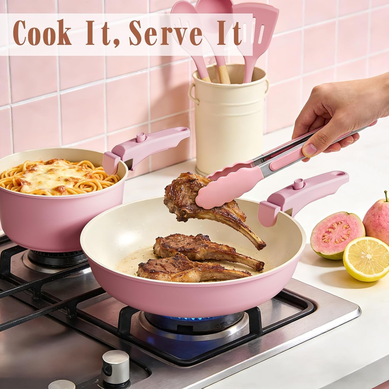 Pots and Pans Set Non Stick, 21 Pcs Ceramic Cookware Set with Detachable Handles