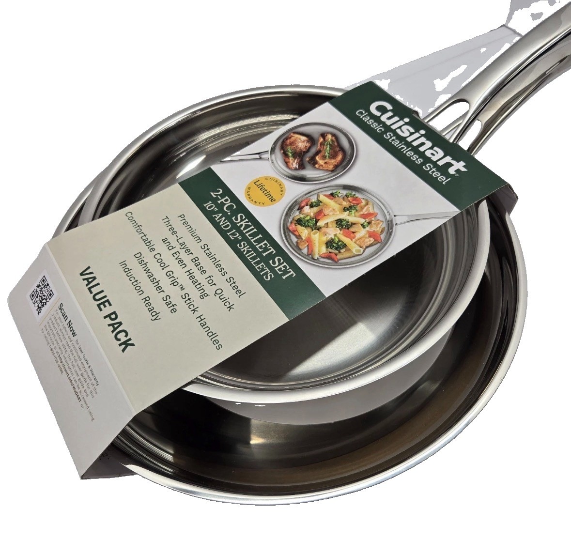 Cuisinart Classic 10″ & 12″ Stainless Steel 2Pk Skillet Set, Premium Tri-Ply