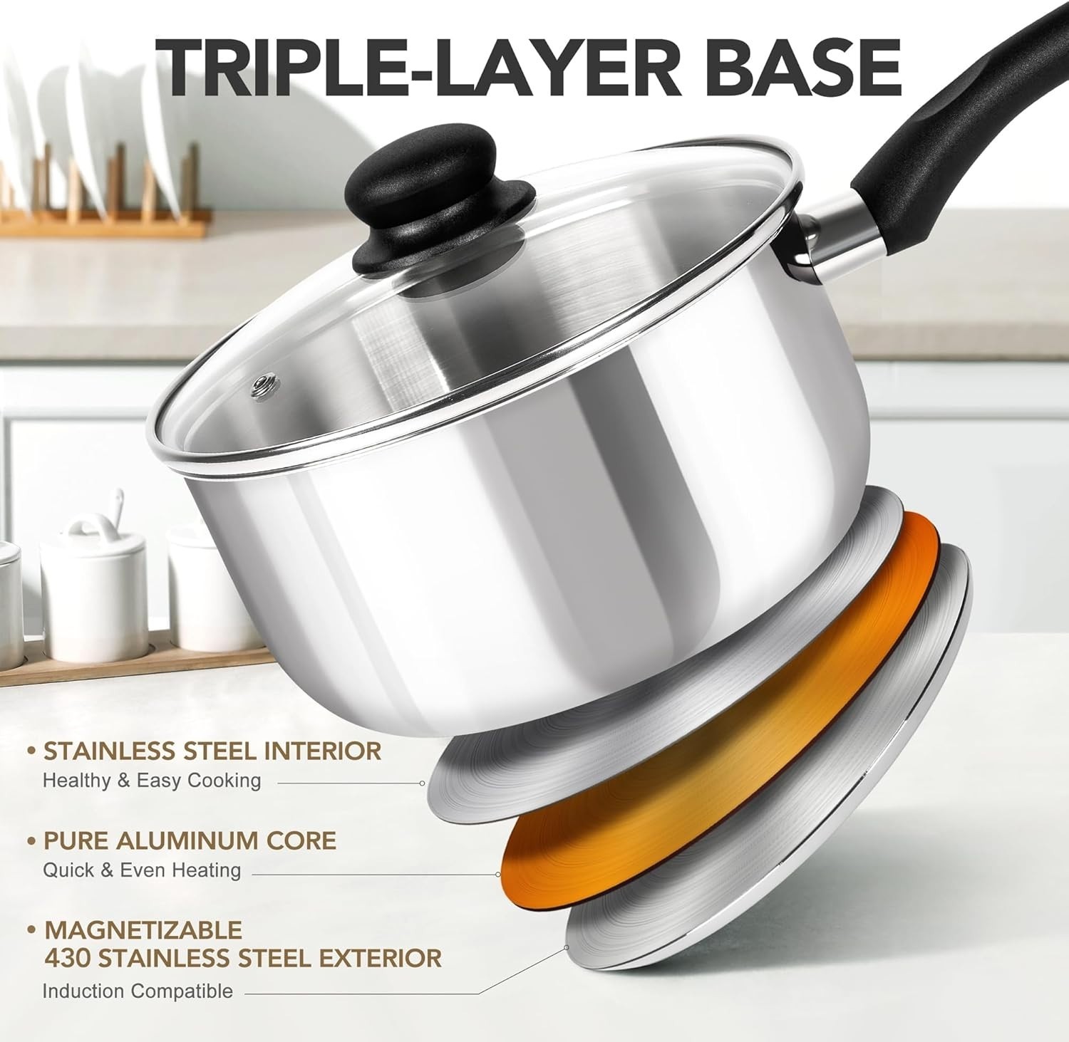 Stainless Steel Saucepan Set, 1 QT & 2 QT & 3 QT Saucepans with Glass Lids…