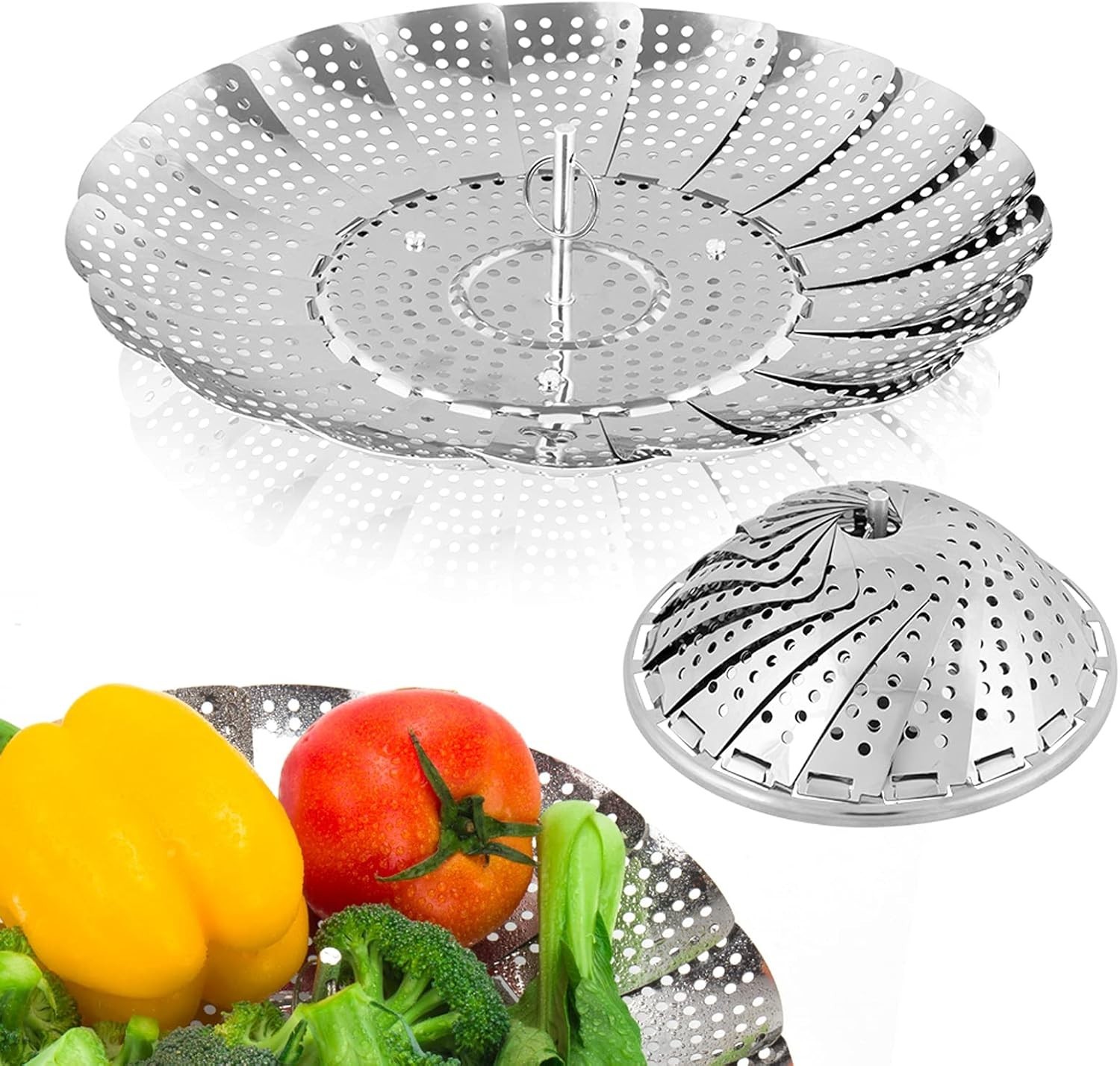 Folding Vegetable Steamer Basket – 5.5″ to 9.2″ Compact Stainless Steel Design