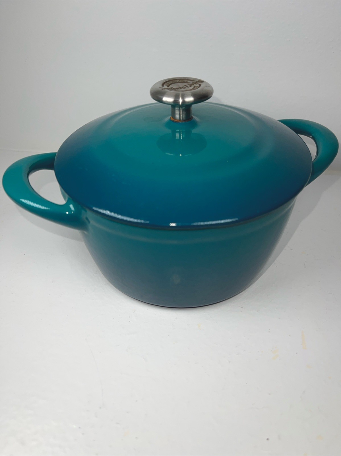 Southern Living Mini Round Turquoise Blue Enamel Cast Iron 24 Oz Pot With Lid