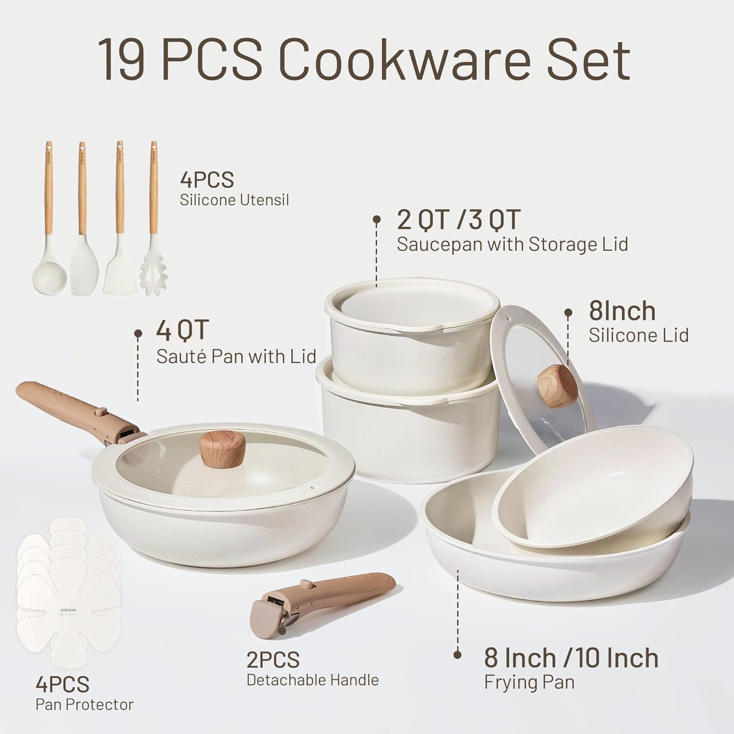 19Pcs Pots and Pans Non Stick, Cookware Sets Detachable Handle, Induction Kitche