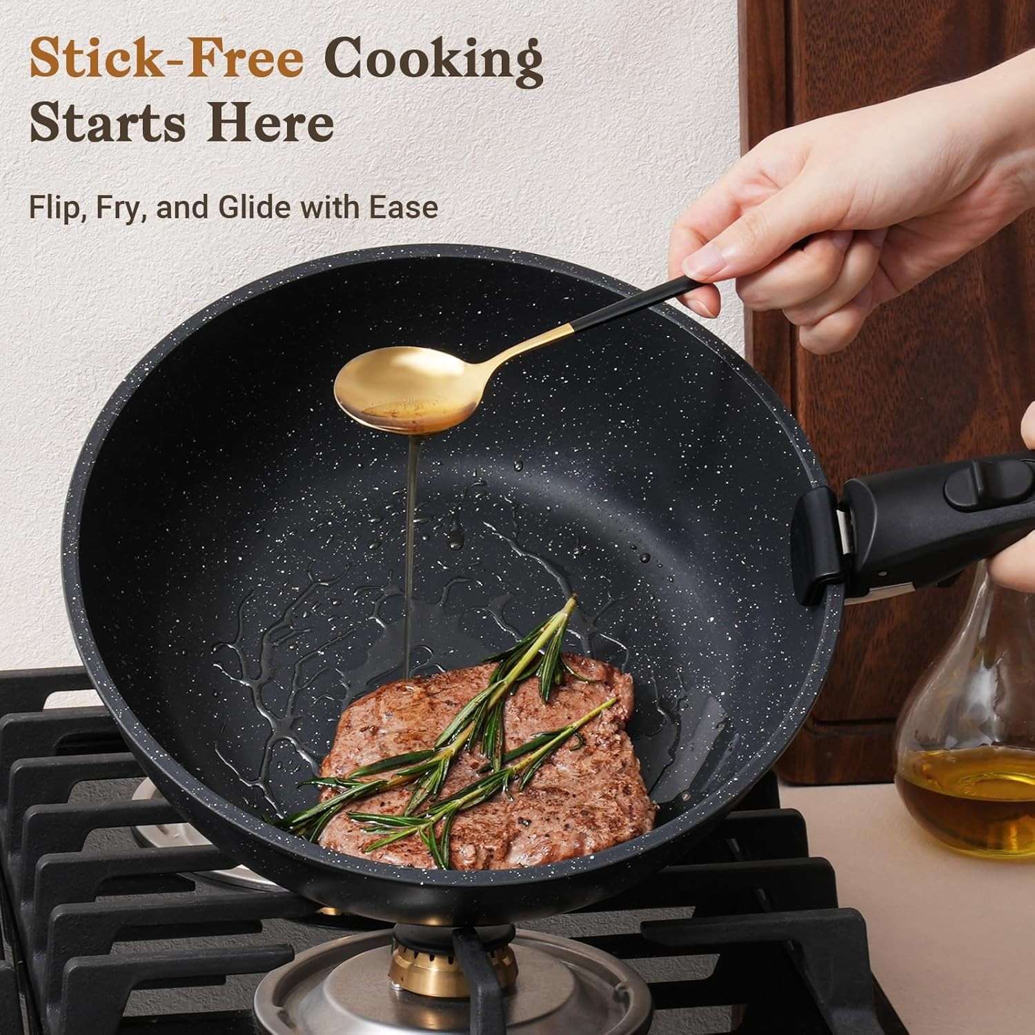 15Pcs Pots and Pans Set Non Stick Detachable Handle Induction Black Aluminum Gra