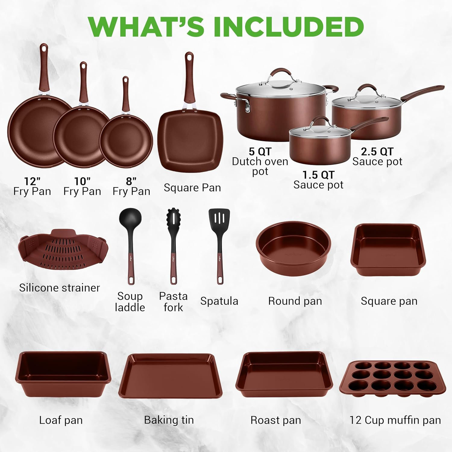 20 Piece Professional Home Kitchen Cookware and Bakeware, Pots and Pans Set Non