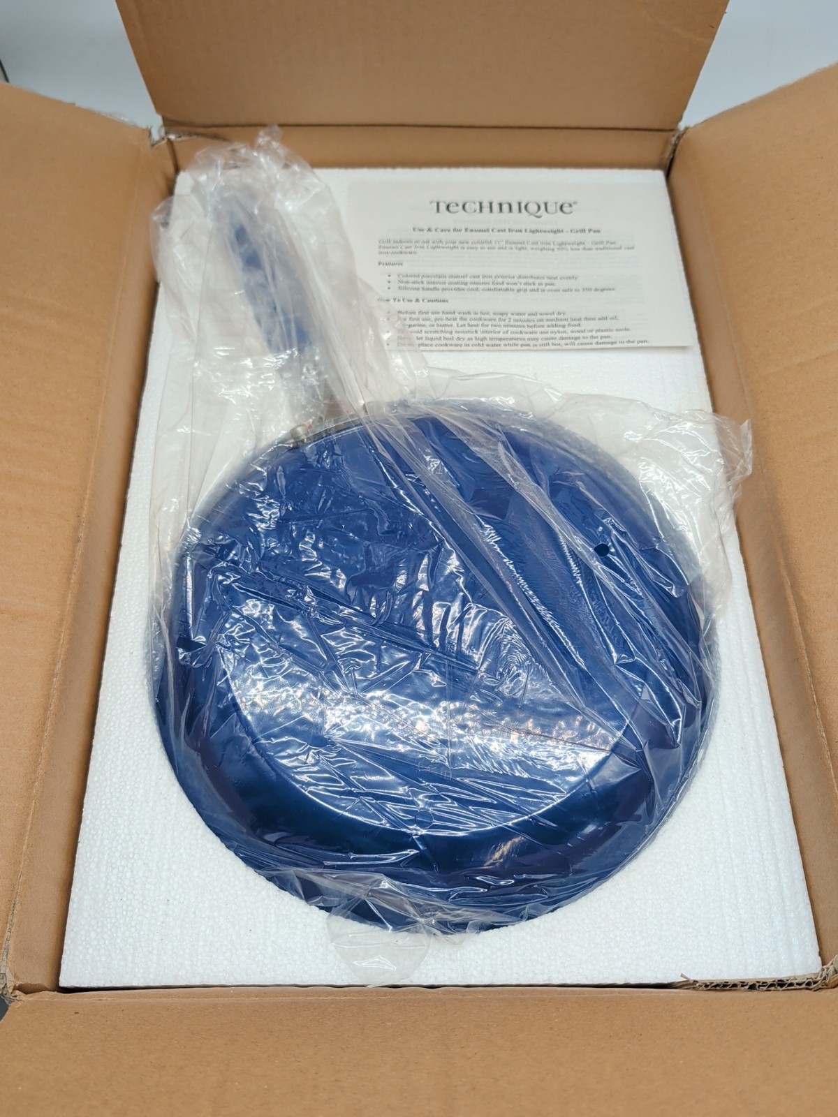 NOS Technique Essentials Large 11″ Cast Iron Grill Pan Blue Enamel