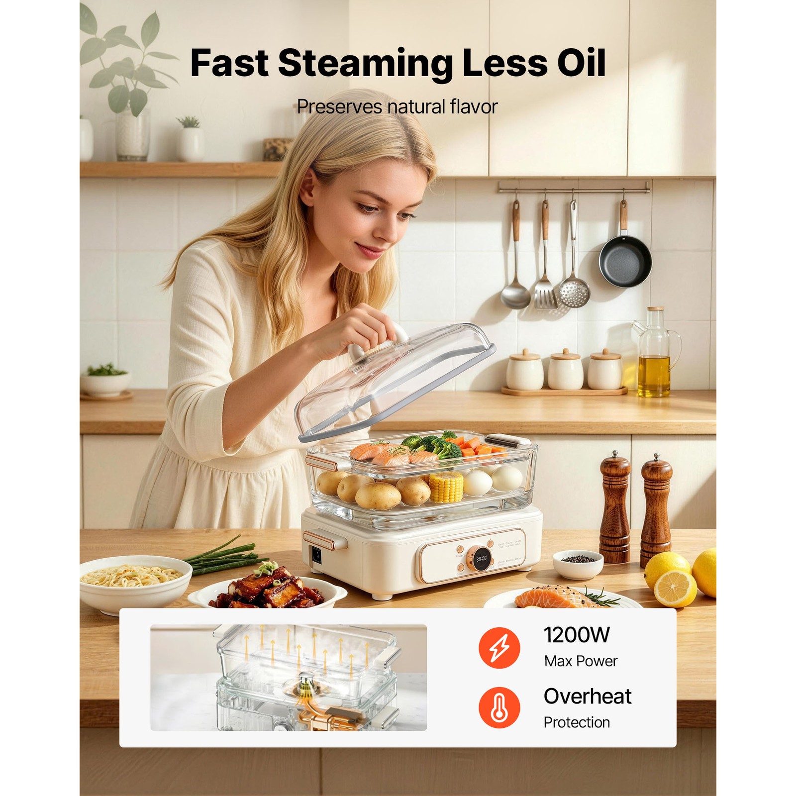 Uimoso Electric Food Steamer 6.3 QT with Glass Bowl and Dual-Layer Trays