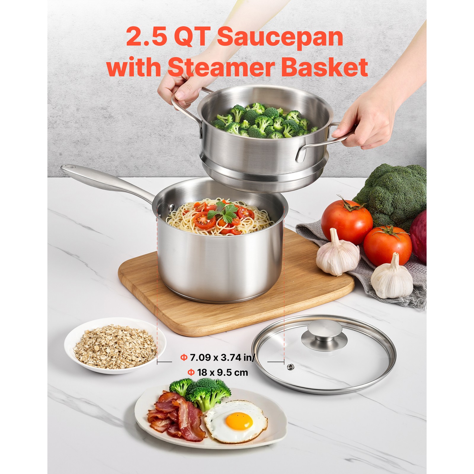 Uimoso 2.5 QT Stainless Steel Saucepan with Steamer and Glass Lid