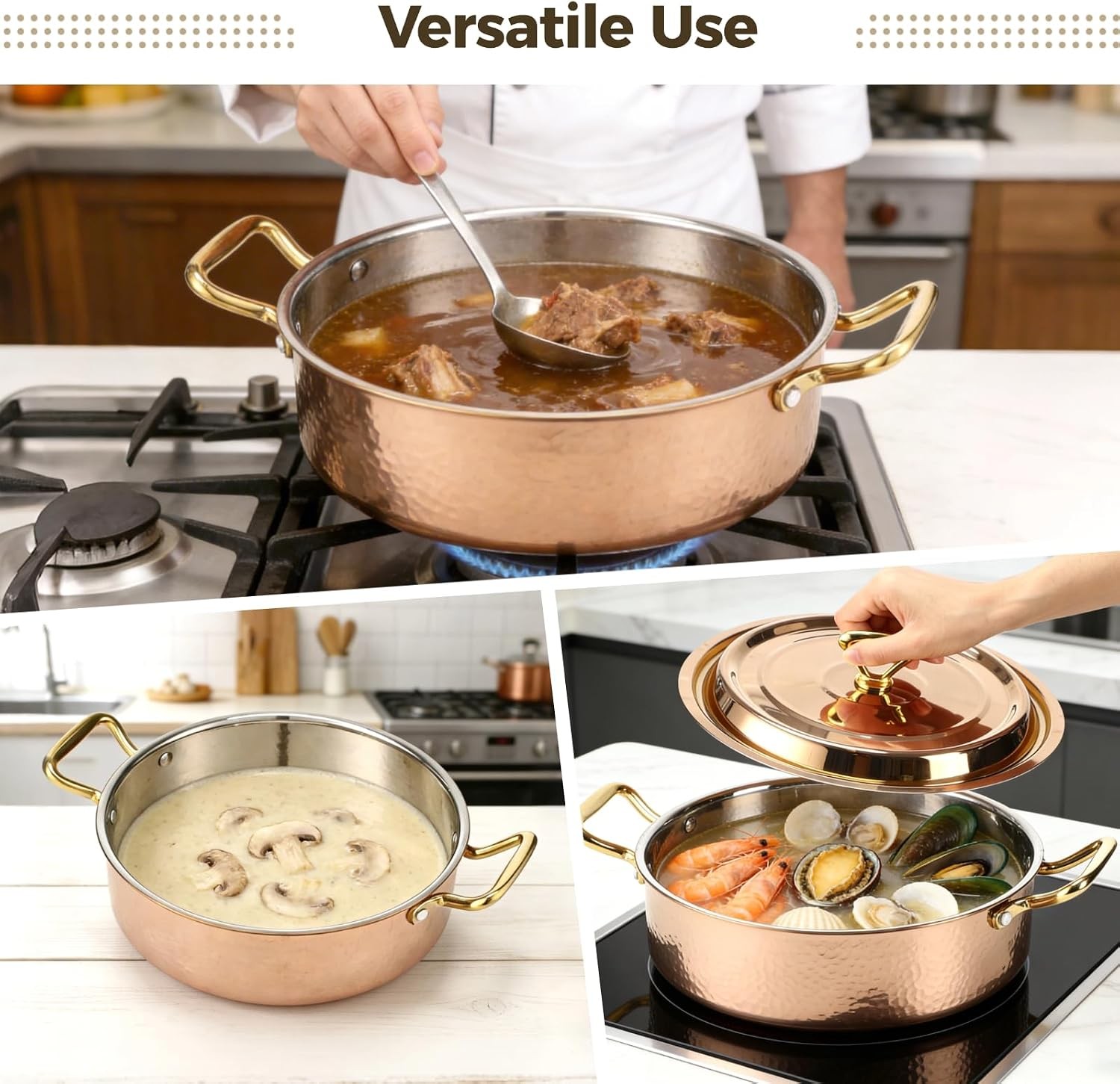 Hammered Copper Cookware W/ Lid 10.2 in/4.2QT Rose Gold Stainless Steel Pot US