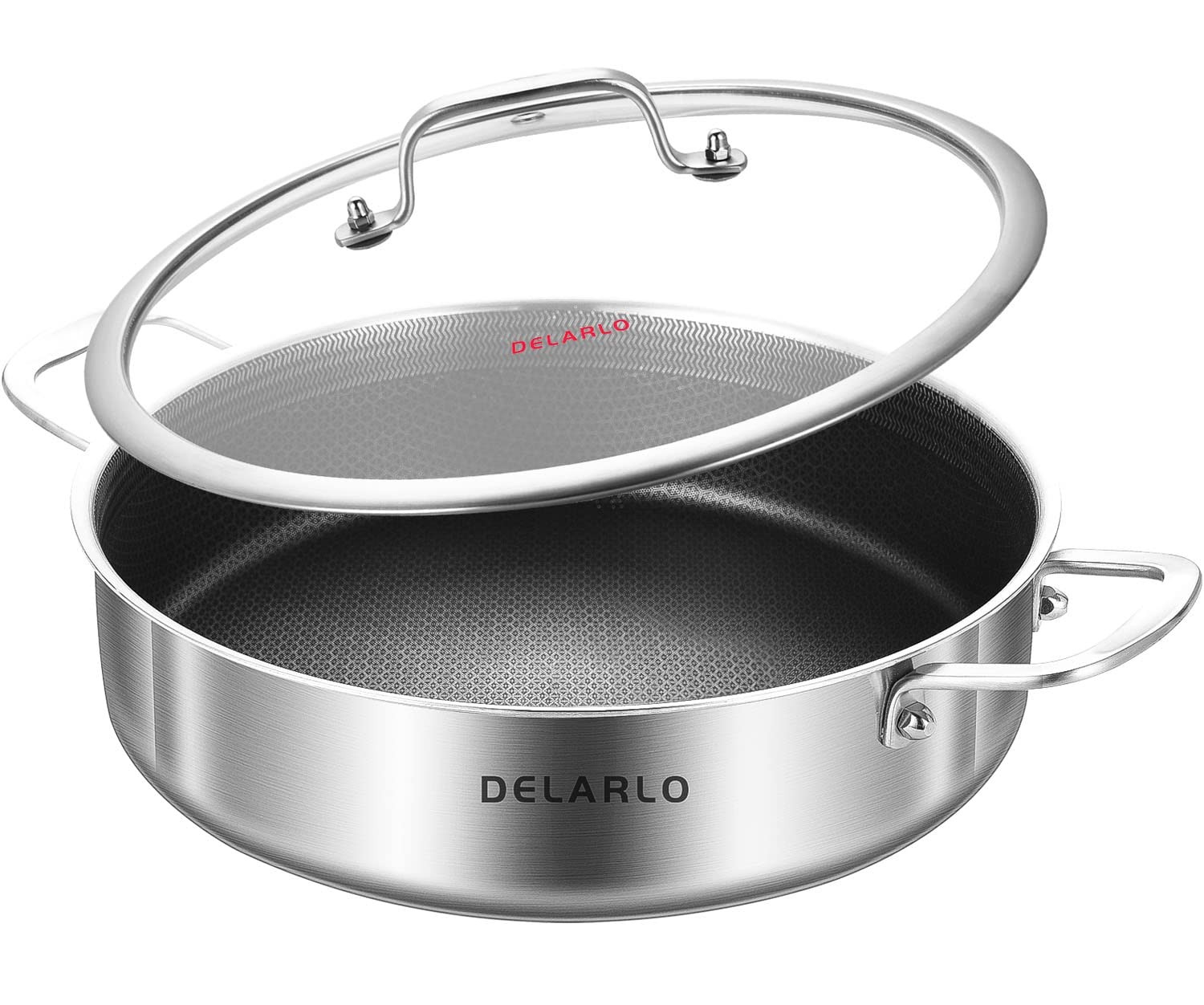 DELARLO Tri-Ply Stainless Steel Saute Pan 6 Quarts Deep Frying Pan, 12 inch Indu