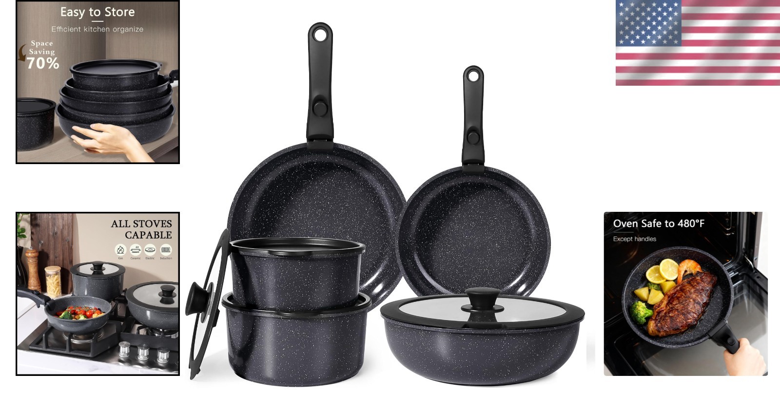 Non Toxic Ceramic Cookware Set 11 Pieces Induction Safe Dark Gray Pots and Pans