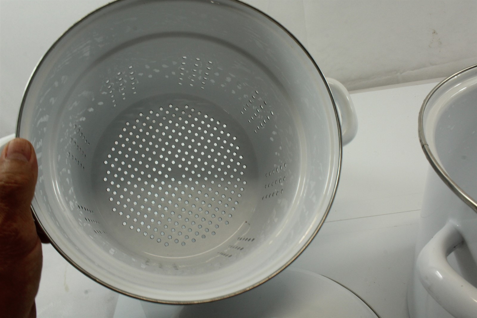 Vintage Porcelain Enameled 8 QT Double Boiler Strainer Stockpot With Lid