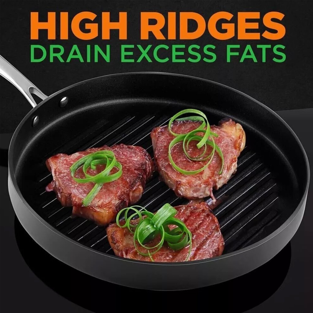 NutriChef 12in Hard-Anodized Nonstick Grill Pan – Dishwasher Safe PFOA Free. New