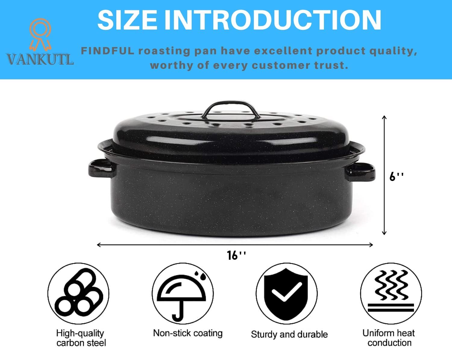 16 Inch Roasting Pan with Lid – Covered Oval Roaster – Enamel Carbon Steel Roast