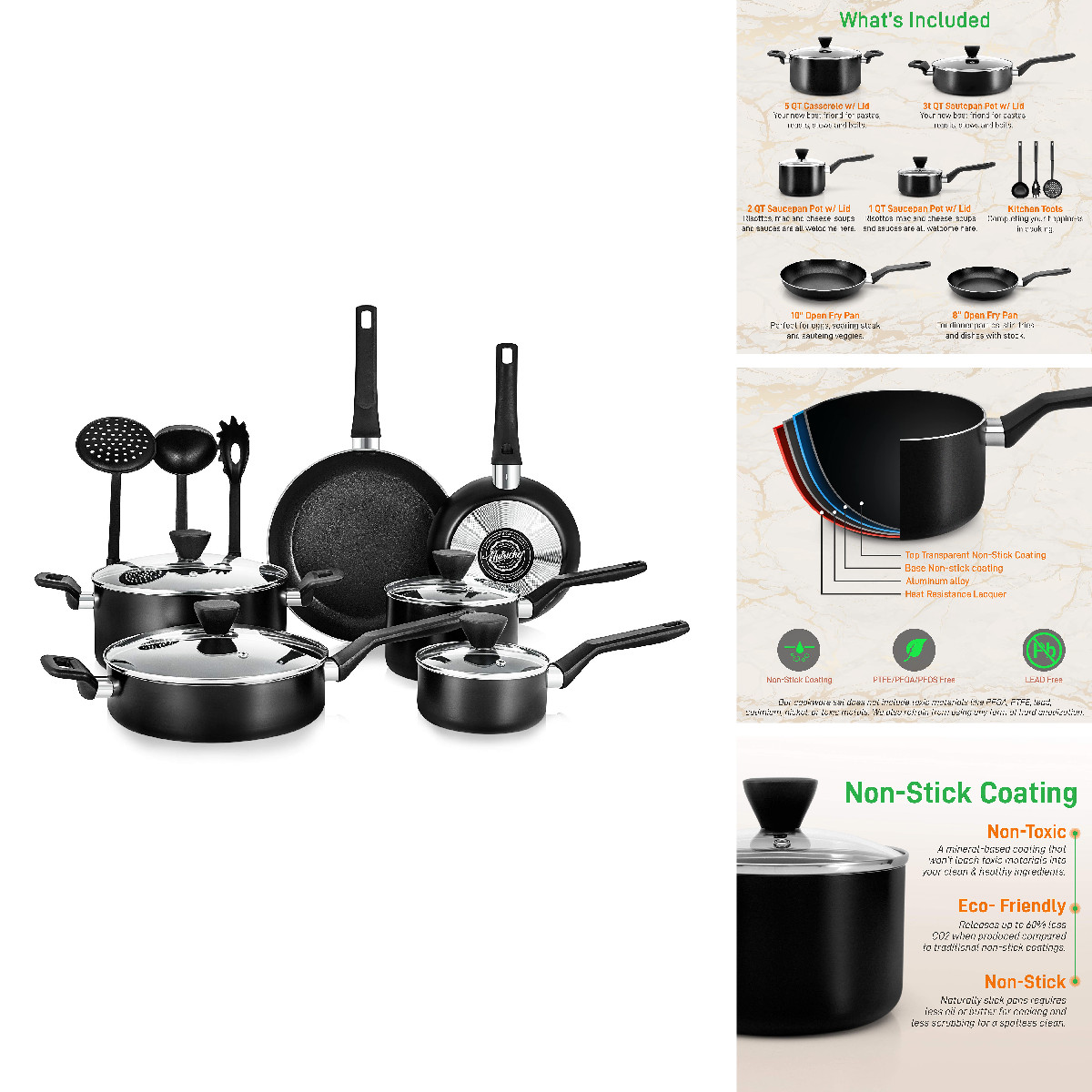 Nutrichefkitchen 13-Piece Nonstick Kitchen Cookware Set -Ptfe/Pfoa/Pfos Heat
