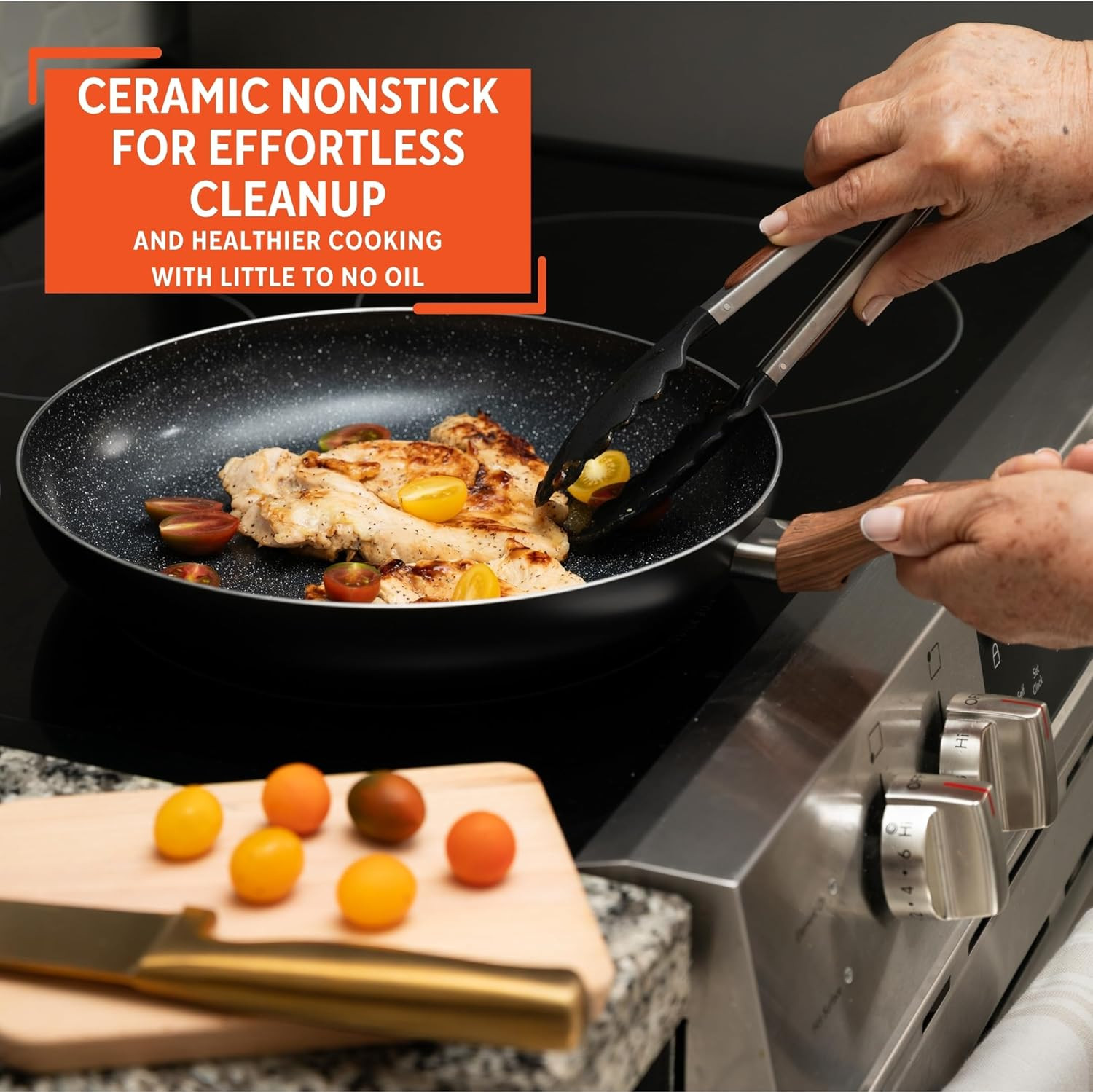 12-Inch Ceramic Nonstick Frying Pan – Black Speckled Aluminum Skillet with Wood-