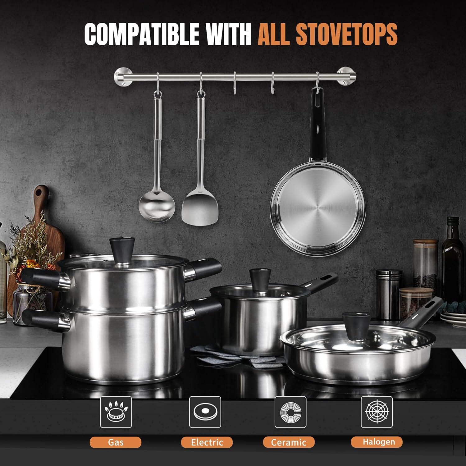 Stainless Steel Cookware Set – 14Pcs Pots and Pans Set with Glass Lids Utensils