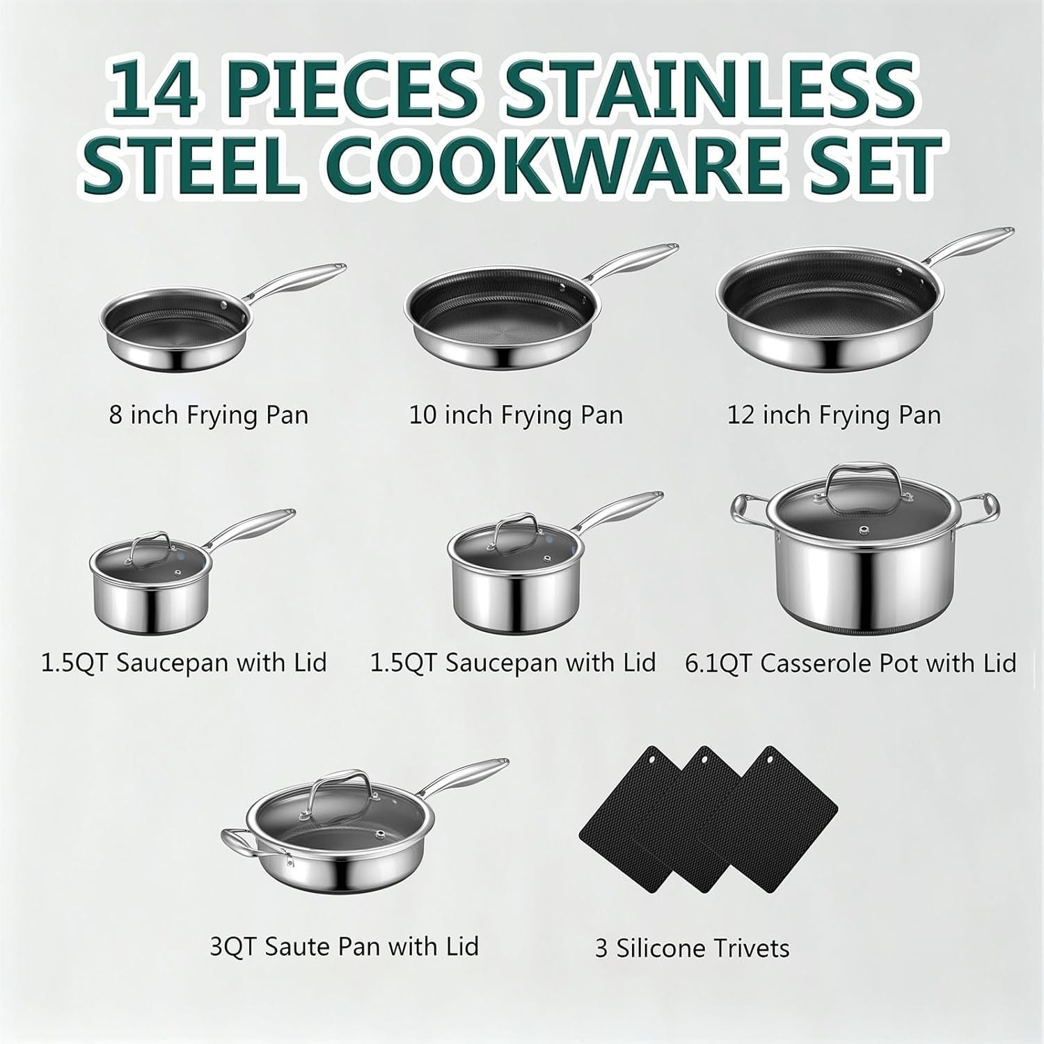 14-Piece Hybrid Stainless Steel Cookware Set Non-Stick Pots and Pans with