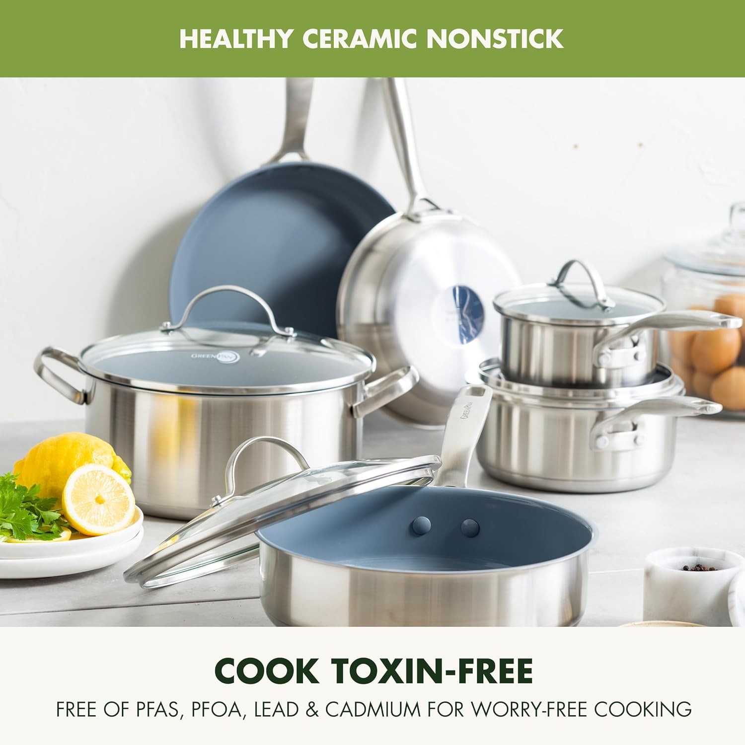 Greenpan Treviso 10 Piece Cookware Set, Non-Toxic Pfas-Free Stainless Steel Cera