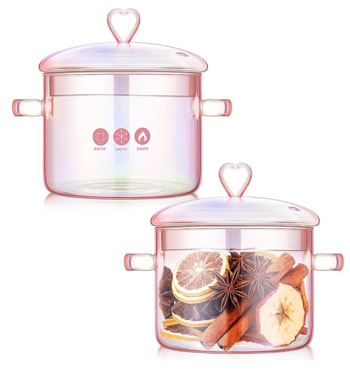 Uiifan 2 Pcs Pink Glass Pots Stovetop 1.5L/50oz Glass Simmer Pot Soup Milk Pasta