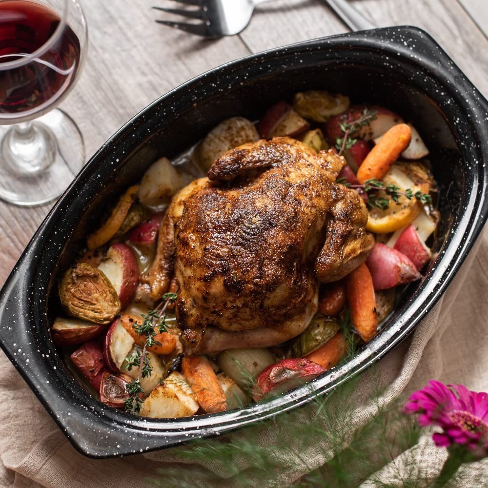 13-inch oval roaster with Lid. Enameled steel design to accommodate up to 7 lb p