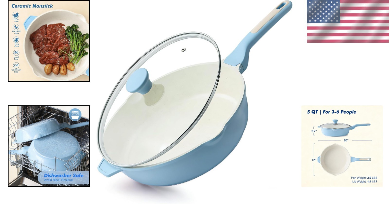 Deep Nonstick Skillet 12 Inch Ceramic Safe for Induction Electric Gas Stovetops