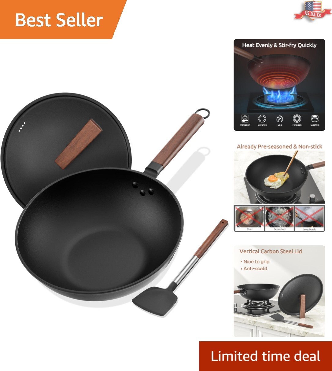 Premium Carbon Steel Wok, 13-Inch with Vertical Lid – Perfect for Stovetop Meals