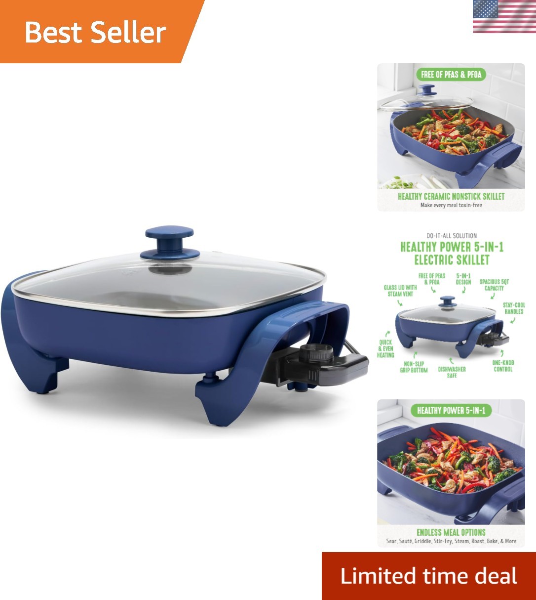 Versatile 5QT Electric Skillet – PFAS-Free Ceramic with Adjustable Temperature