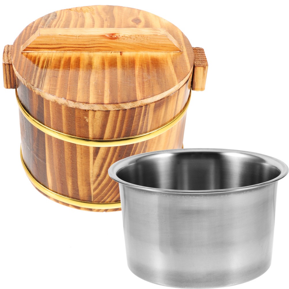 1 Set Wooden Rice Barrel Coffee Color Steaming Bucket for Sushi Serving