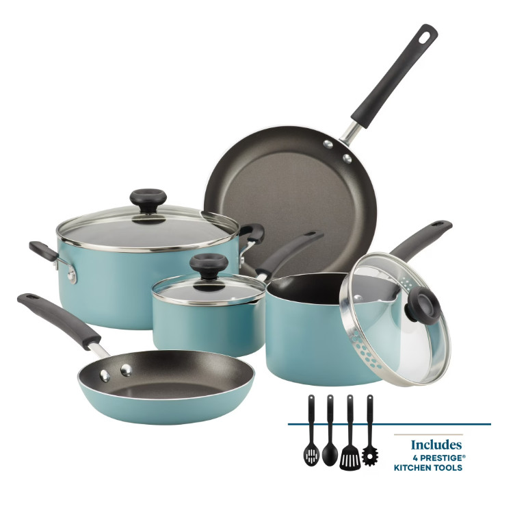 12pc Nonstick Cookware Set with Cooking Tools Dishwasher Safe Aqua Kitchen Pots