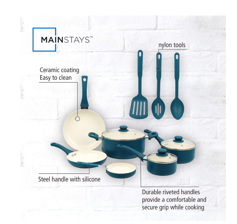 12pc Ceramic Nonstick Cookware Set Aluminum Pots Pans Blue Kitchen