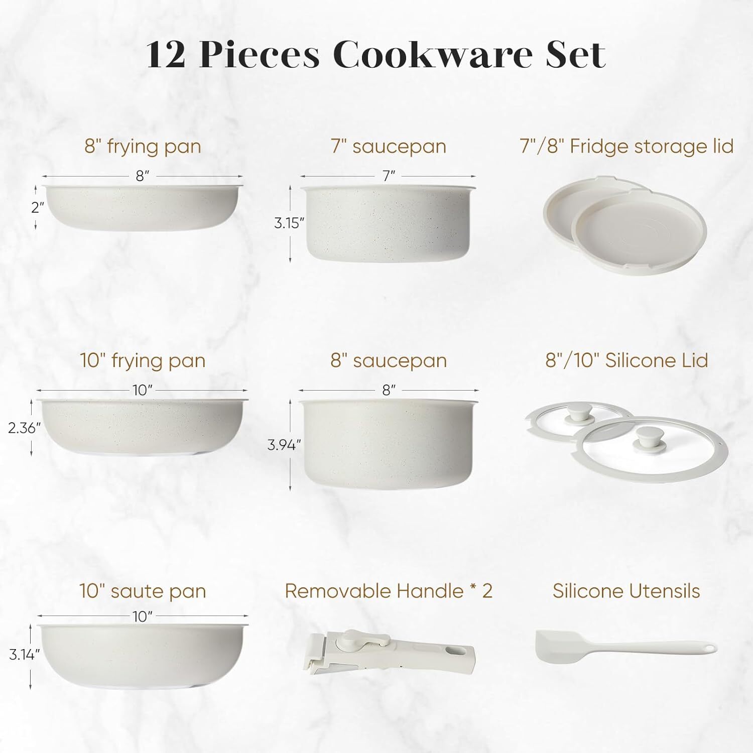 Set of 12 Beige Pot Pan Set Nonstick Kitchen Cookware Set with Detachable Handle