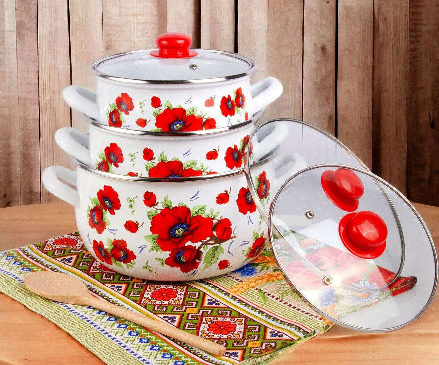 3 pc POPPY Enamel Stockpot Set Cooking Pot Set Enamel Casserole 2-qt 4-qt 6.5-qt