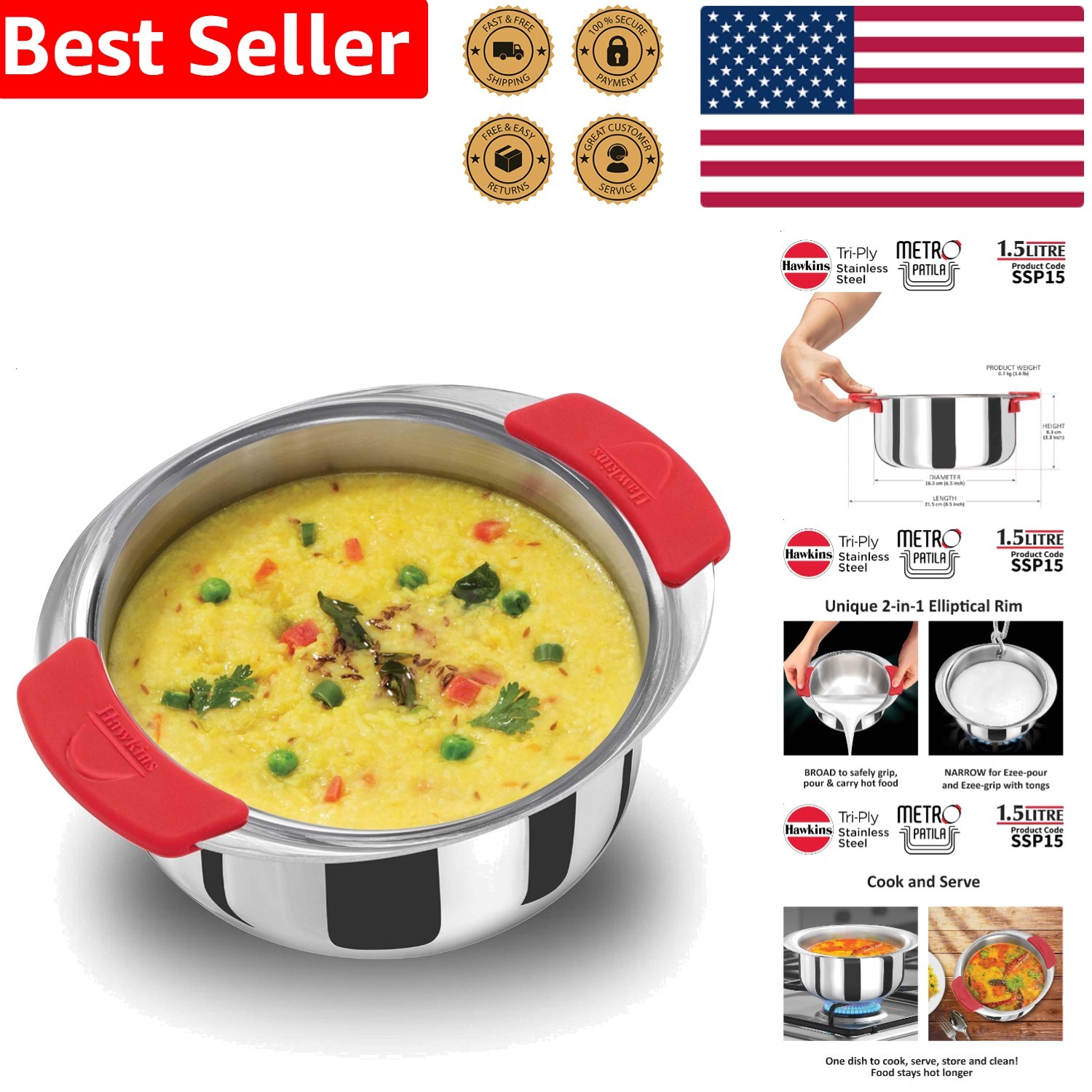 Versatile Triply Steel Patila 1.5L Induction Multi-Cooker Detachable Grip Silver