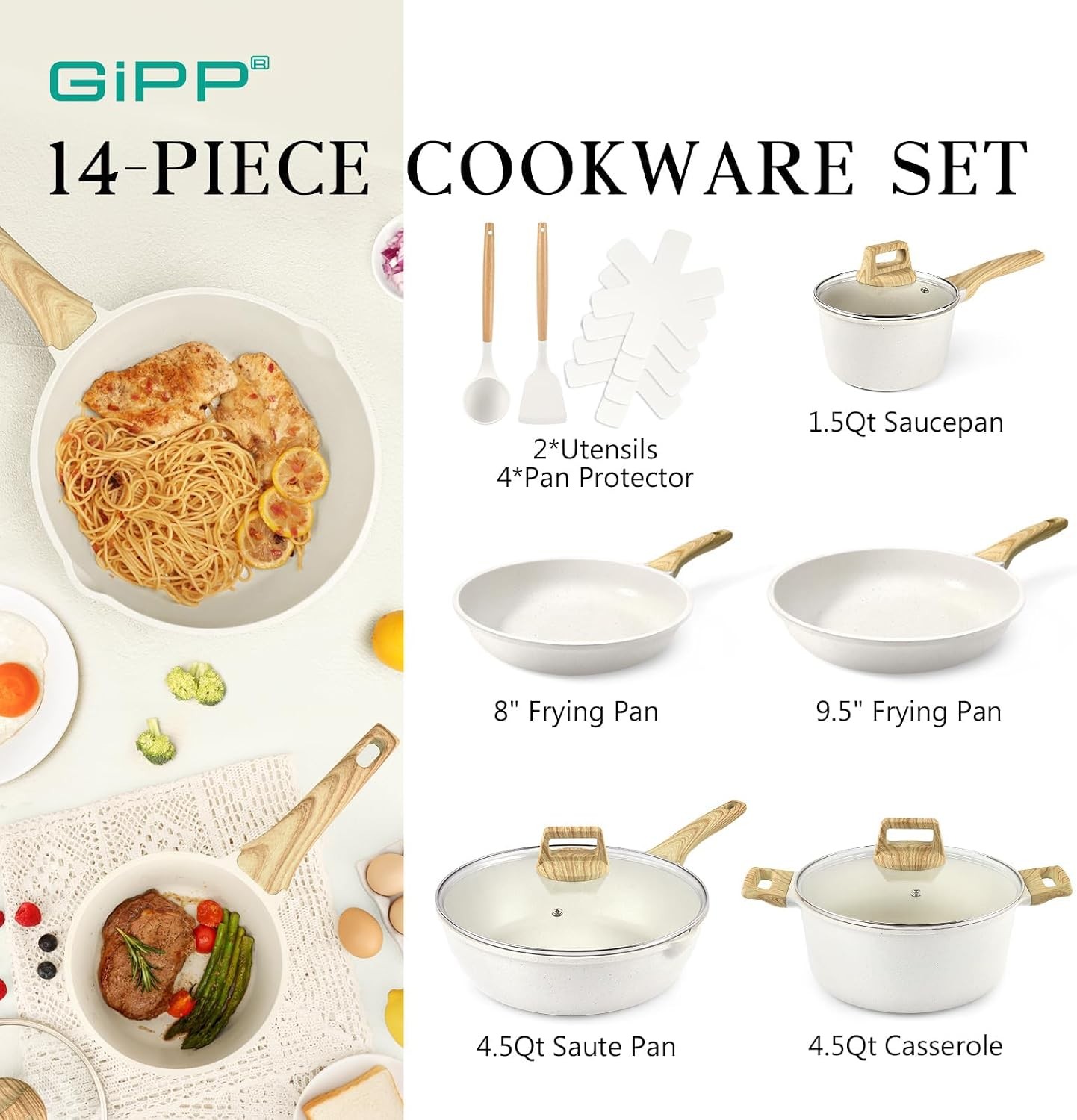 GiPP 14-Pc Nonstick Cookware Set, White Granite, Induction, PFOS/PFOA Free