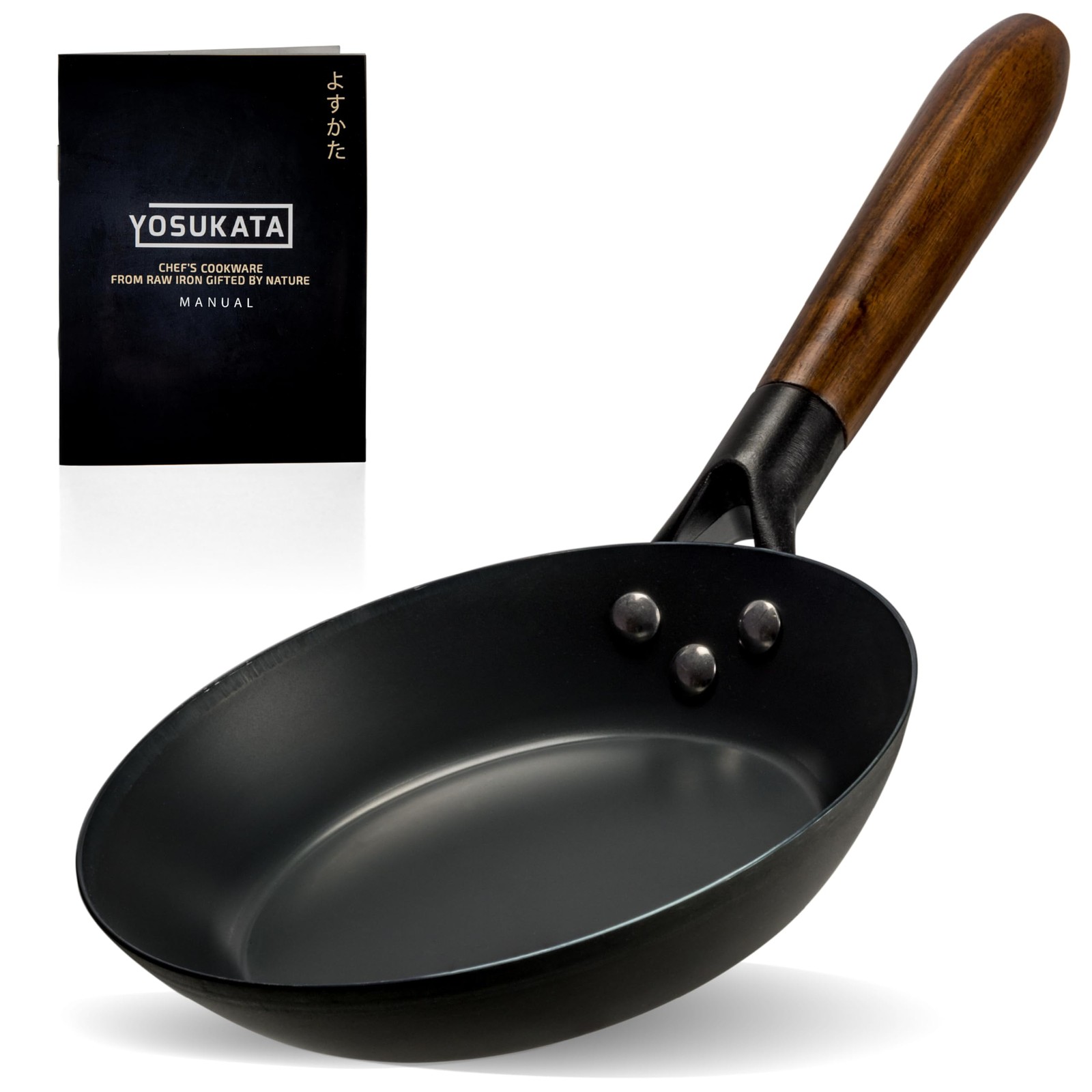 7.9 Carbon Steel Frying Pan – Non-Toxic Pre-Seasoned Skillet with Removable Wood