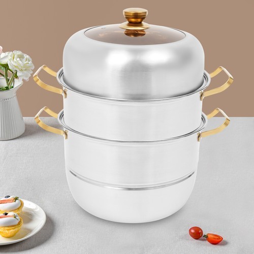 Steam Cooker, Stainless Steel Steam Cooker, 3-tier Steam Cooker Silver+Gold