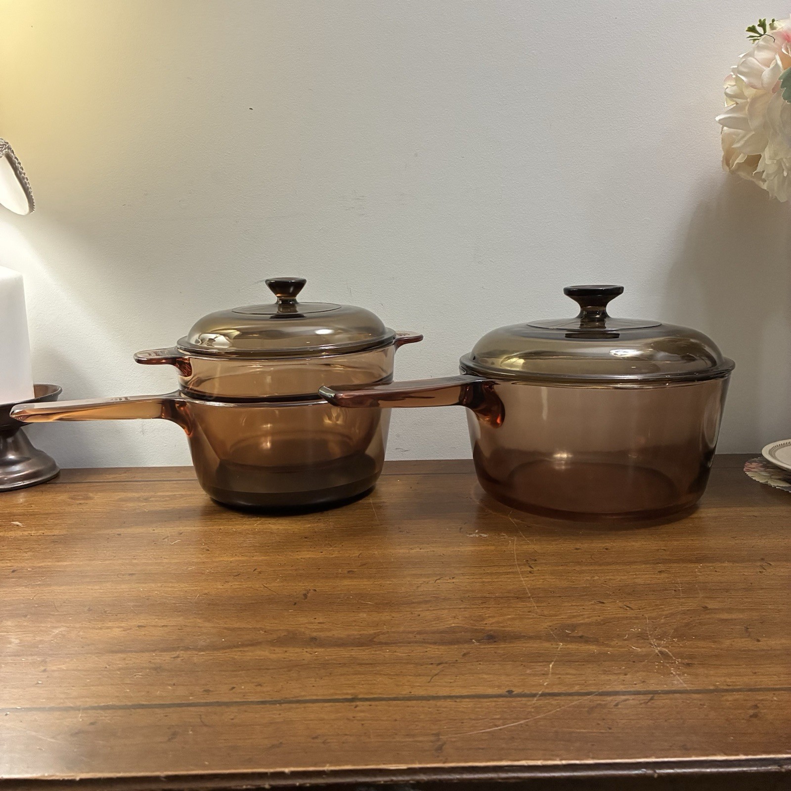 VISION Corning Ware Amber 1.5L Double Boiler Sauce Pan W Teflon&2.5L Sauce Pan