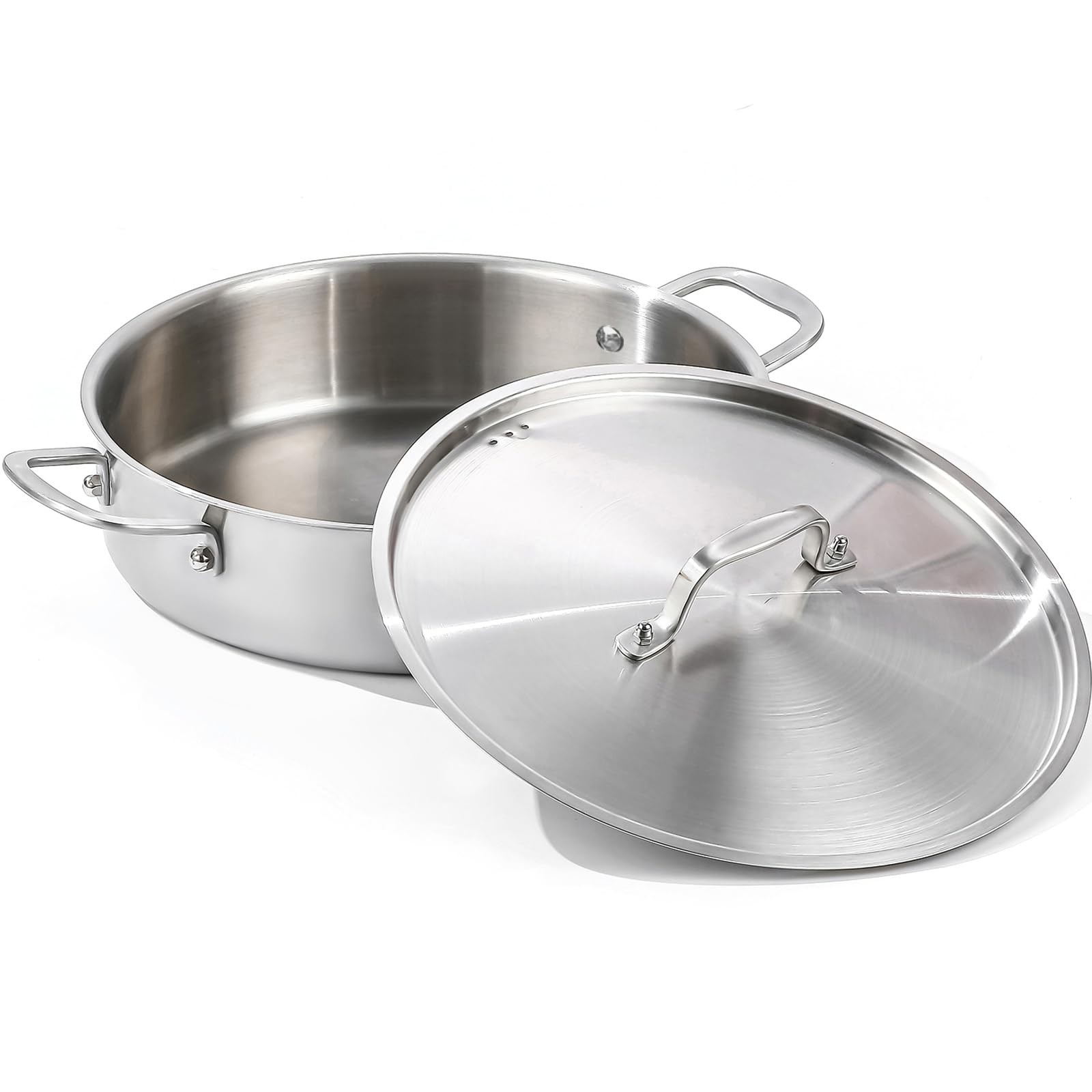 DELARLO Tri-Ply Stainless Steel 8 Quart Braiser Pan with Lid 8 Quarts, Silver