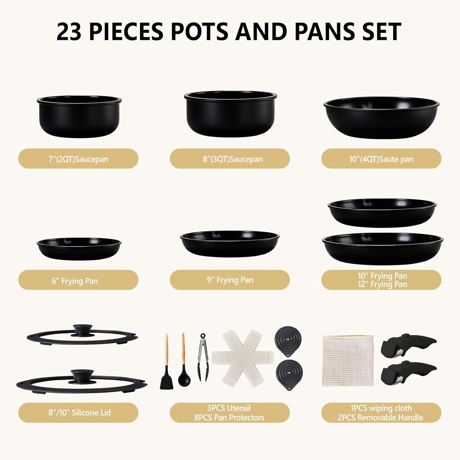 23 Pcs Cookware Set Nonstick Pots and Pans with Glass Lids, Dishwasher Safe