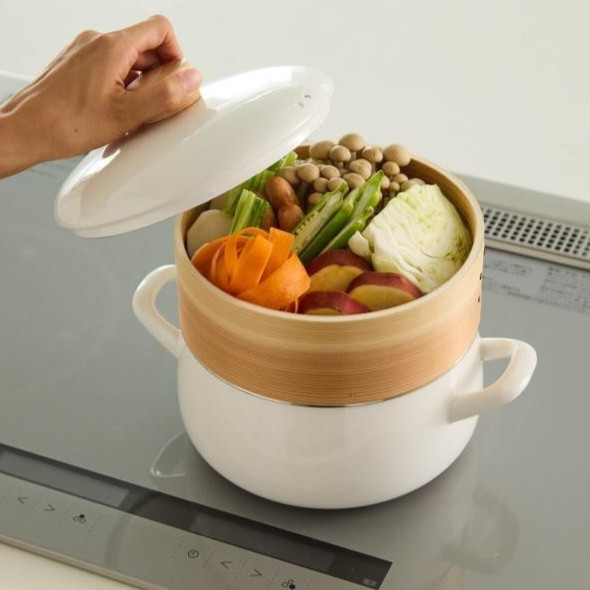 FUJIHORO Enamel Pot with Steamer Insert 7.8in & 7.0in White Greige JAPAN NEW