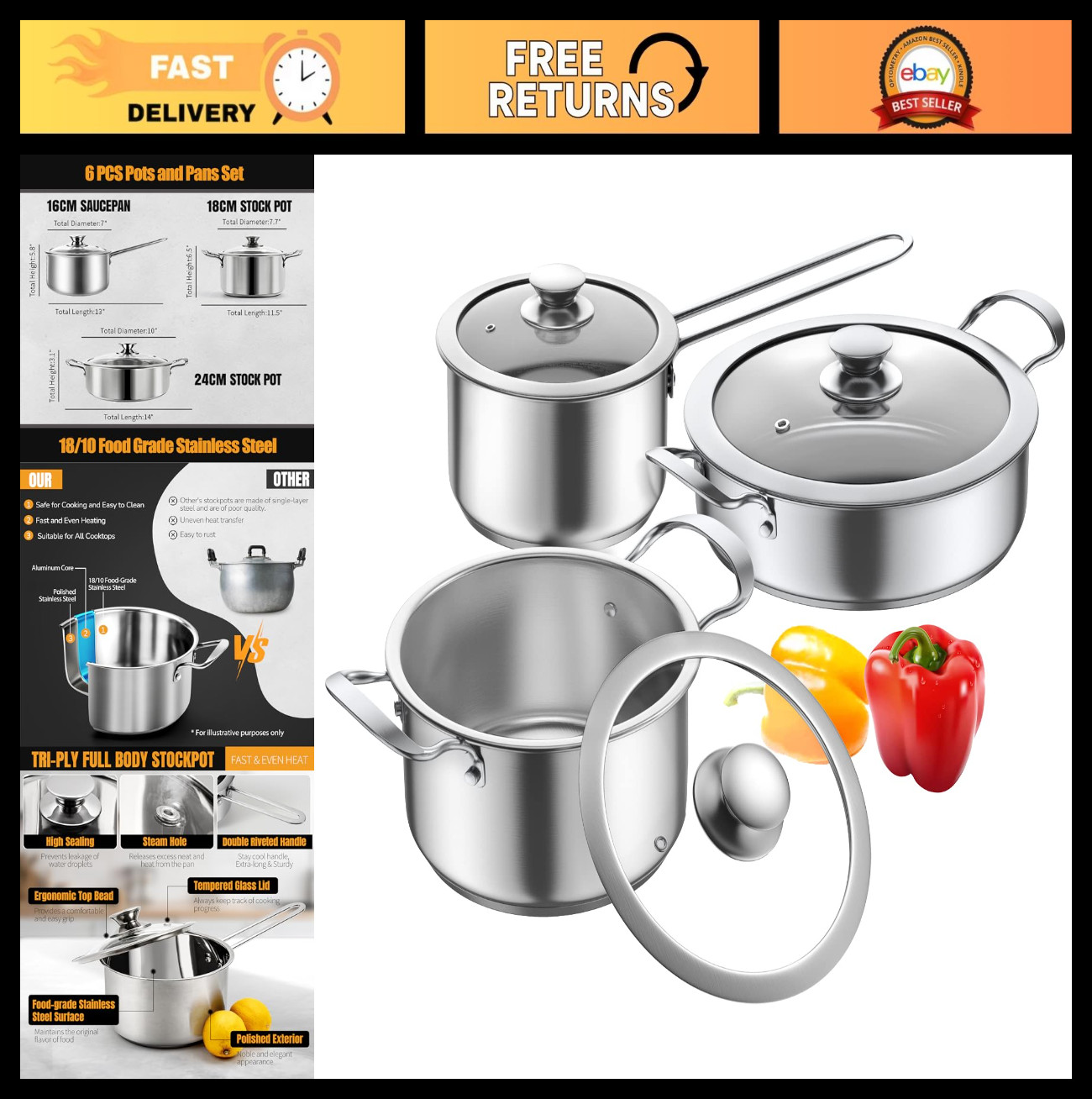 6-Piece Nonstick Stainless Steel Cookware Set for Induction, Electric & Gas Cook