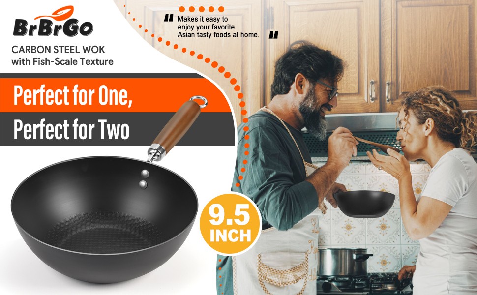 Carbon Steel Wok Pan, 9.5″ Authentic Chinese Stir-Fry Pans Set with Glass